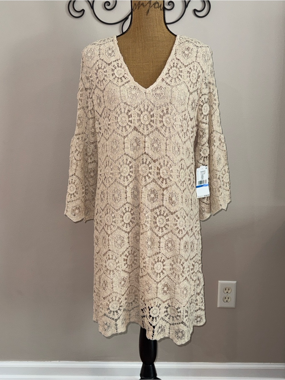 Karen Kane New Natural Beige Crochet V-neck Ruffle bell sleeve BOHO dress sz XL - Picture 4 of 12